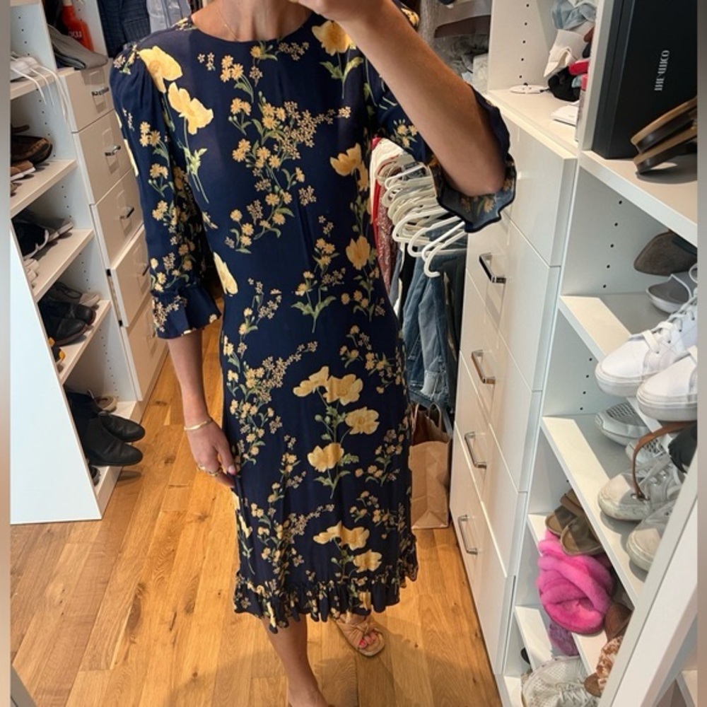Reformation Navy Midi Dress with Yellow Floral Print